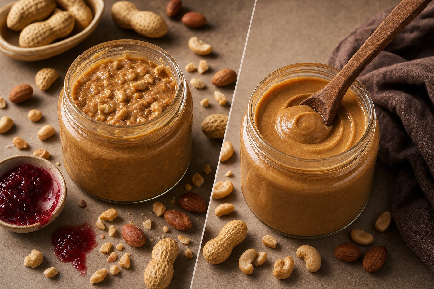 Abstract illustration of crunchy peanuts beside a smooth swirl of peanut butter in warm tones