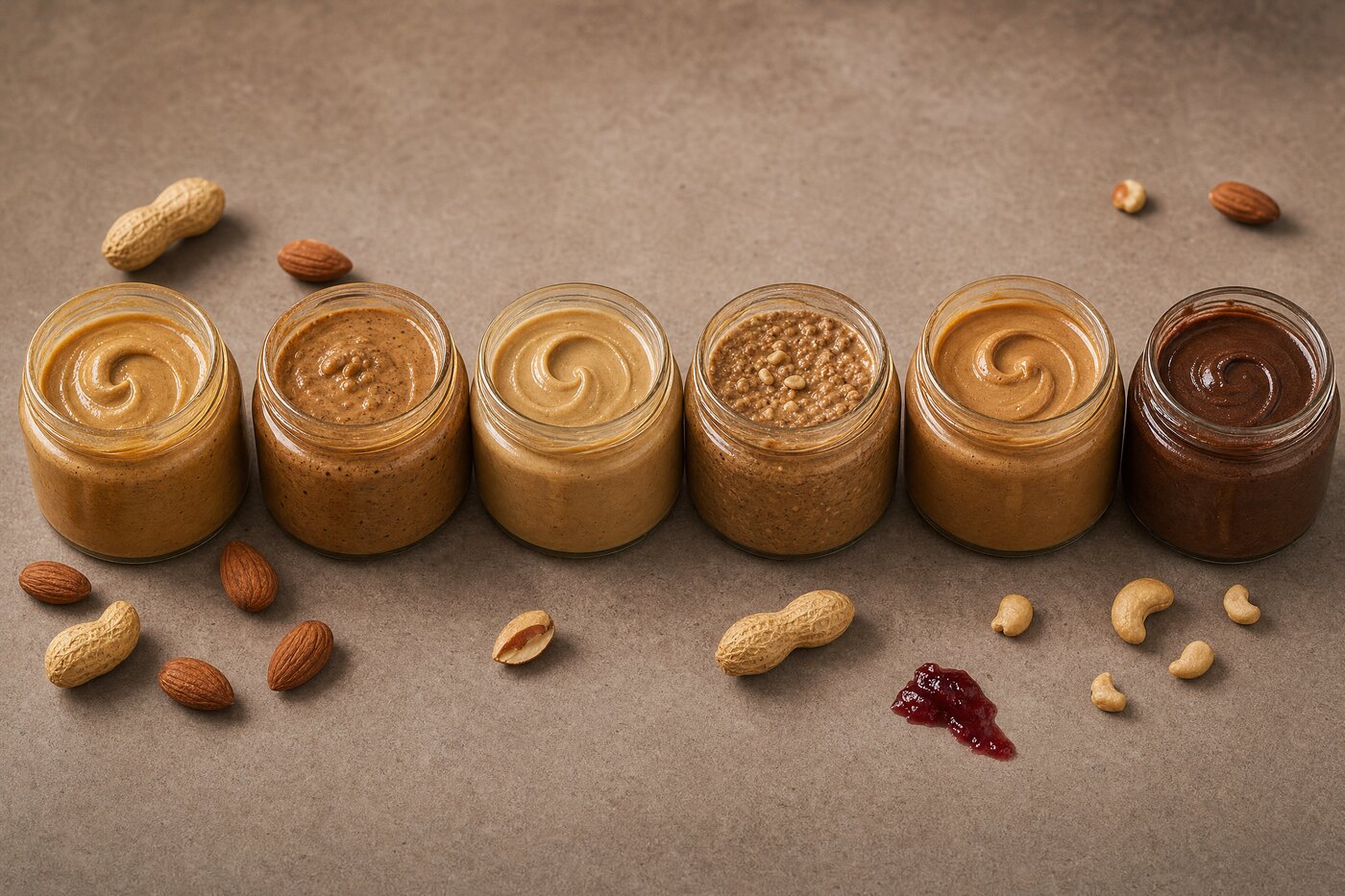 Abstract overhead illustration of a lineup of nut butter smears in warm cream and amber tones with a wooden spoon