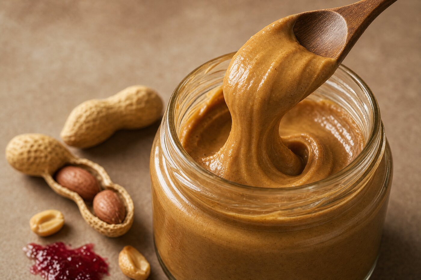 Abstract illustration of a wooden spoon lifting a ribbon of nut butter in warm golden tones